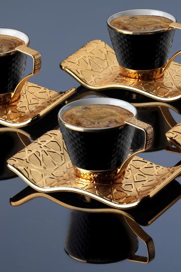 12 Parça Selçuklu Kahve Fincan Takımı - Gold Siyah